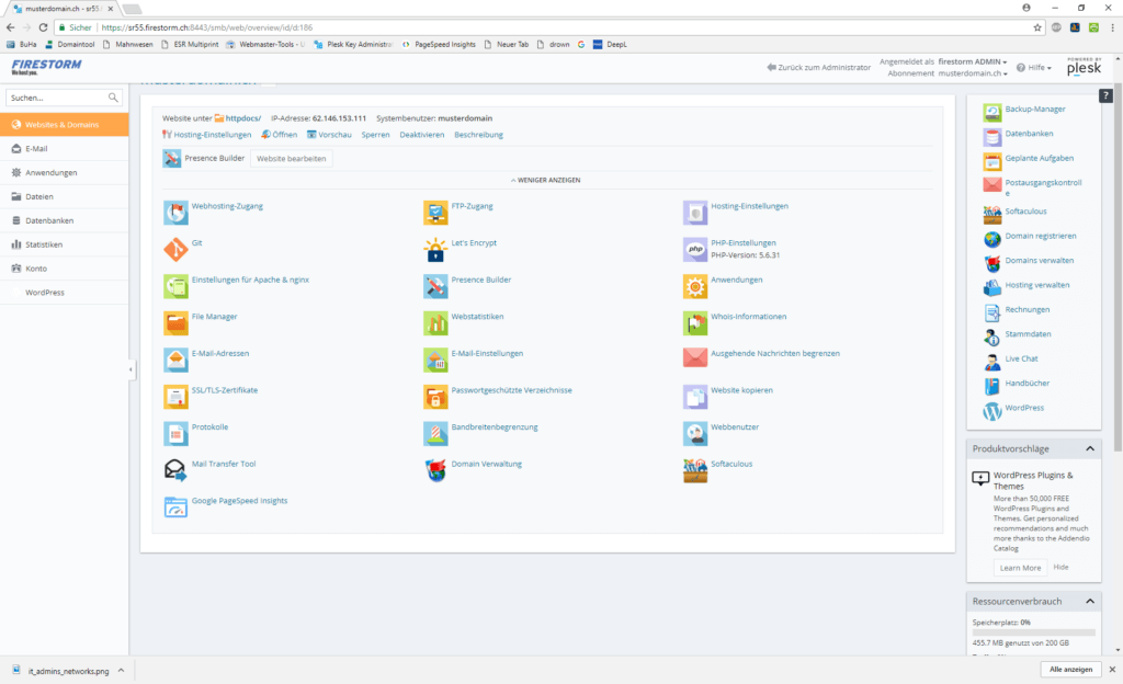 Plesk Obsidian Dashboard