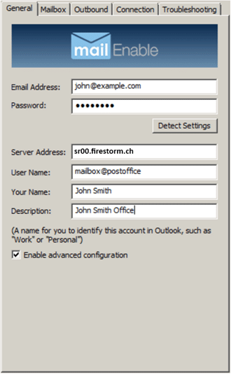 MailEnable Outlook Connector Konfiguration