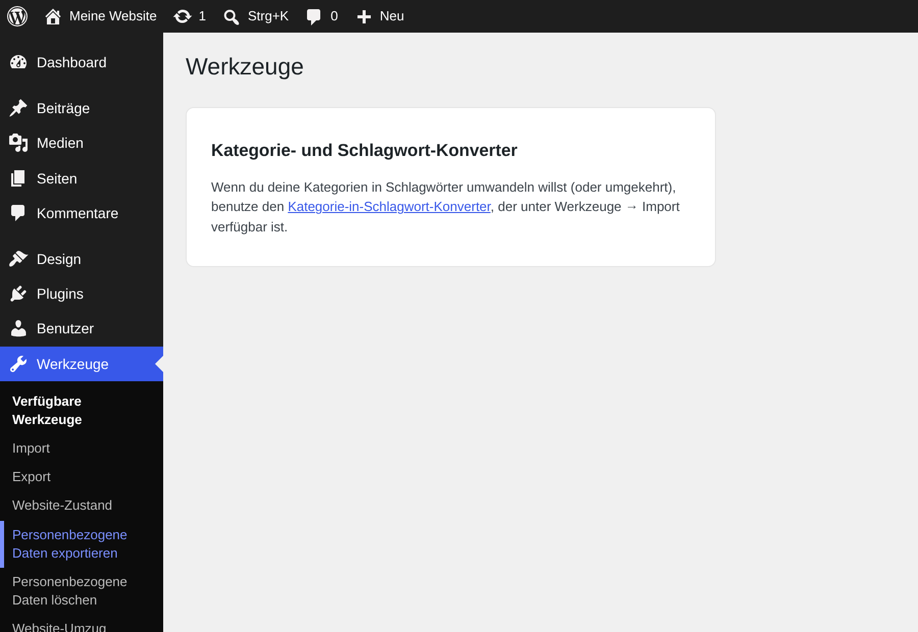 Der Eintrag Website-Umzug im Menue Werkzeuge