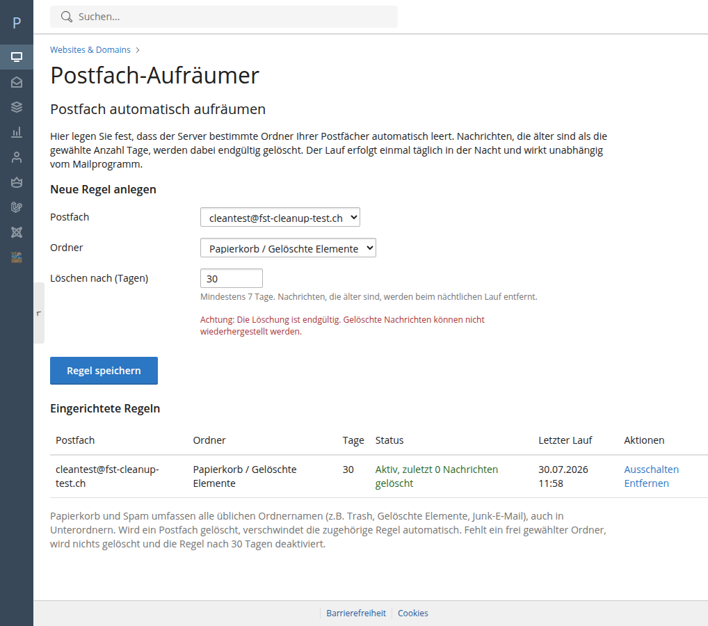 Übersicht des Postfach-Aufräumers mit Formular und Regelliste