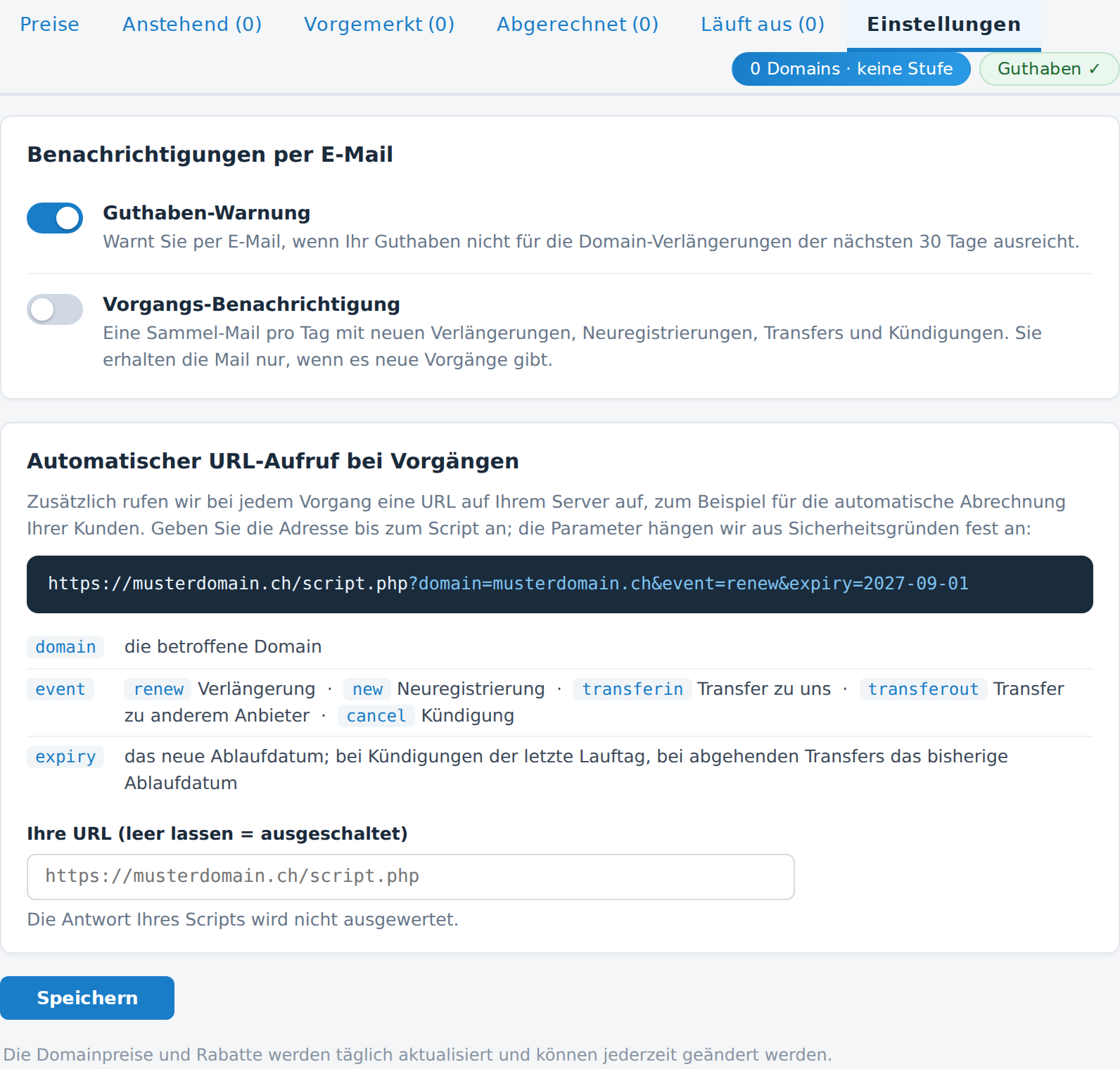 Einstellungen der Domainreseller-Übersicht