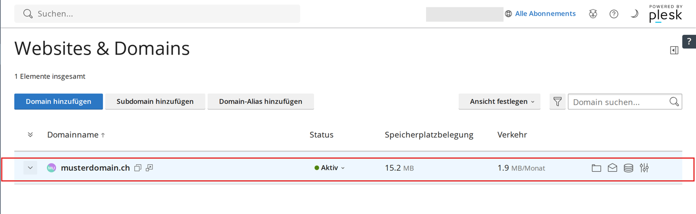 Overview of domains with the musterdomain.ch entry