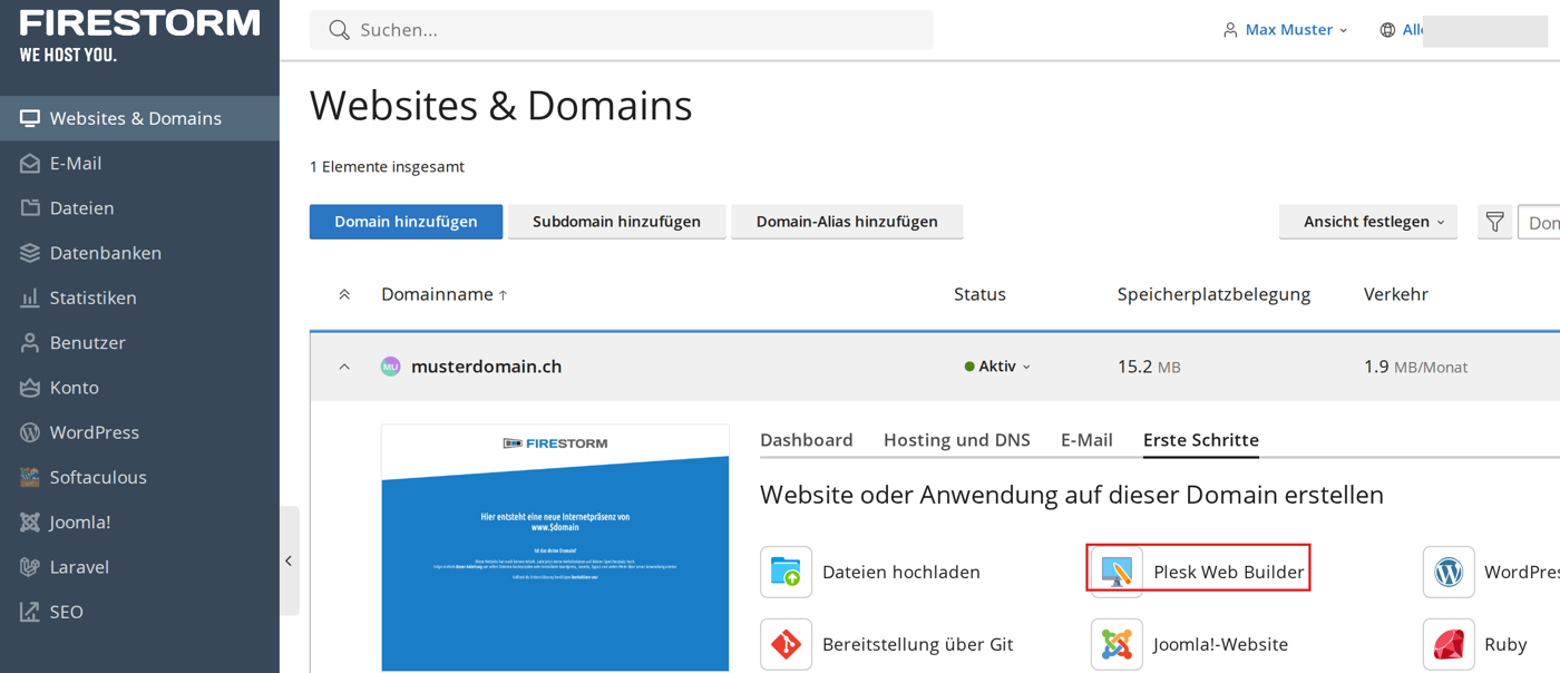 Plesk Web Builder tile in the Get Started tab of the domain musterdomain.ch