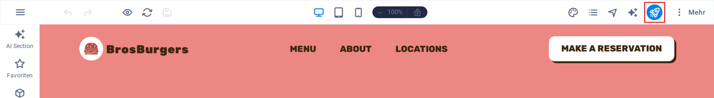 Rocket icon at the top right of the editor for publishing the website