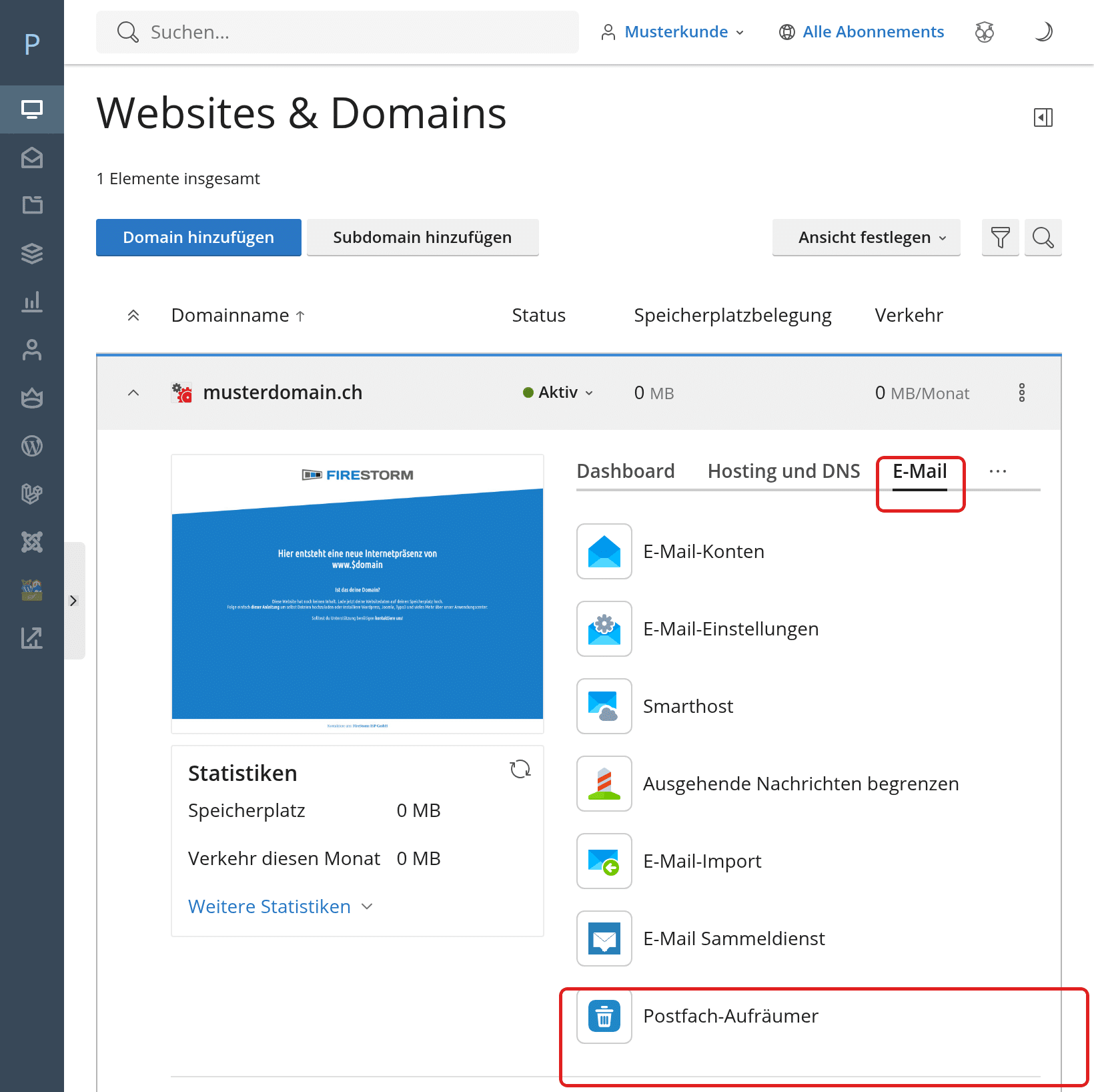 Tab E-Mail bei der Domain in Plesk, darunter die Kachel Postfach-Aufräumer