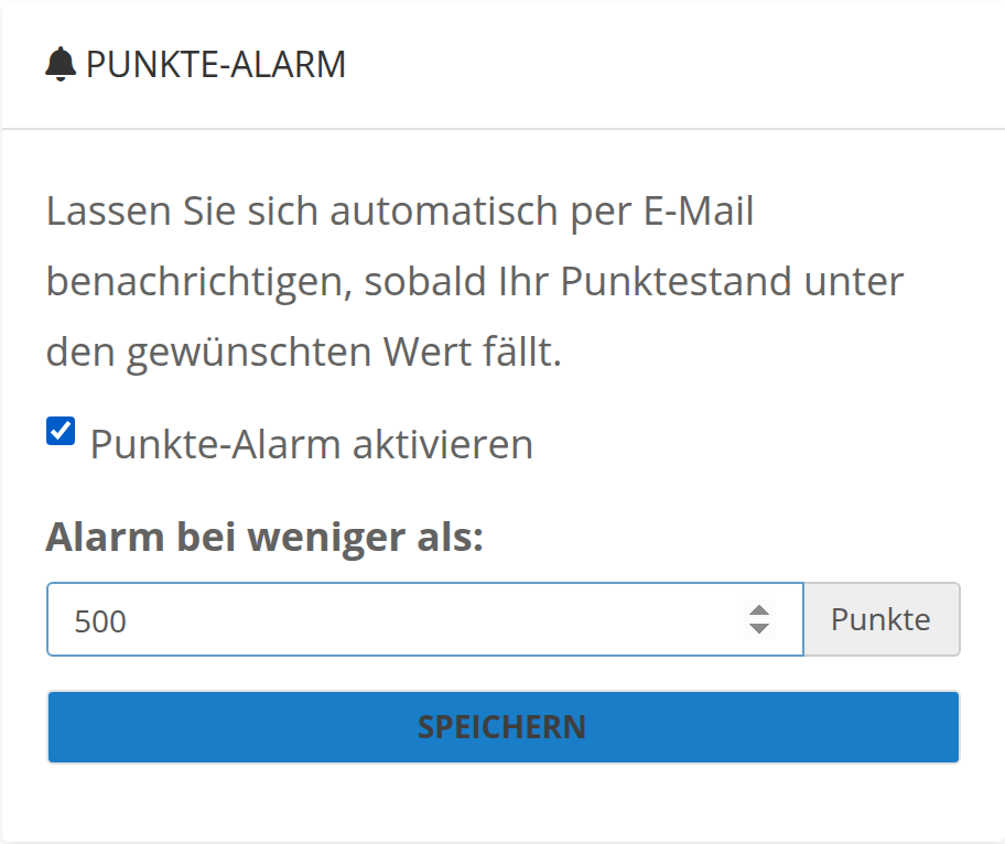 Der Abschnitt Punkte-Alarm auf der Guthaben-Seite