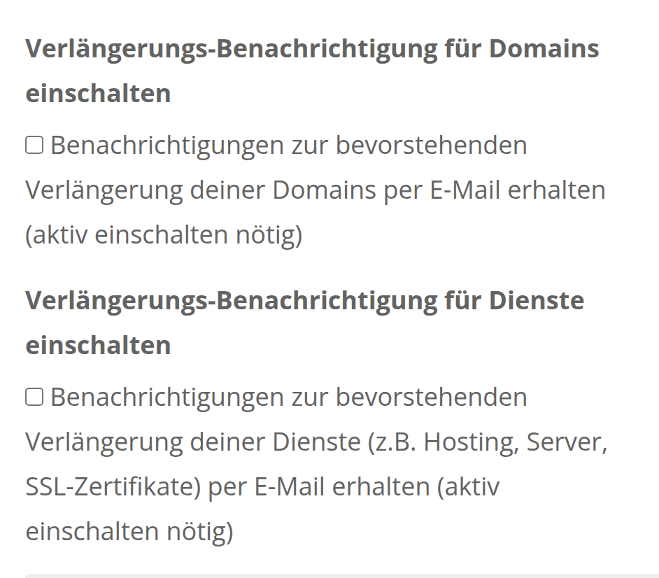 Die beiden Häkchen für Verlängerungs-Benachrichtigungen im Kundenprofil