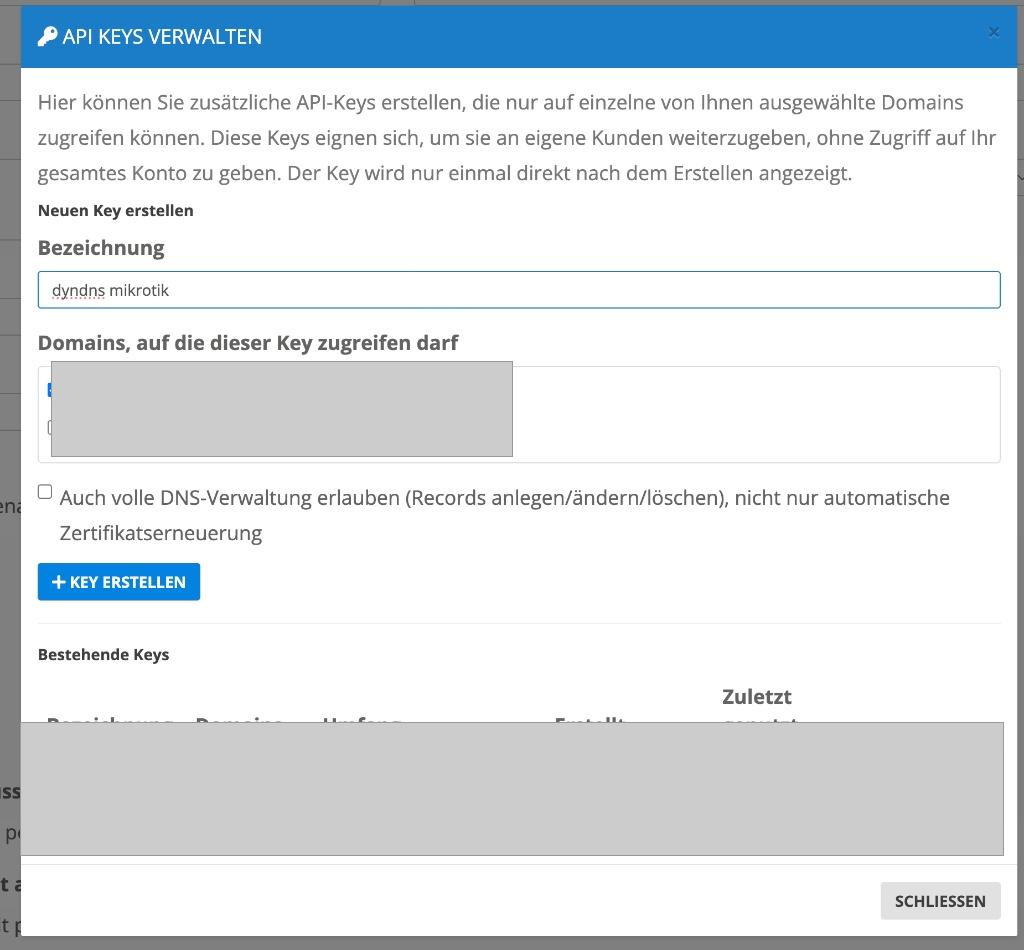 Dialog API Keys verwalten mit Bezeichnung, Domainauswahl und Berechtigung