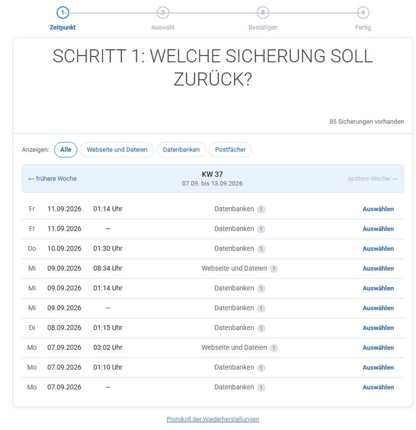 Schritt 1: Liste der Sicherungen der aktuellen Woche