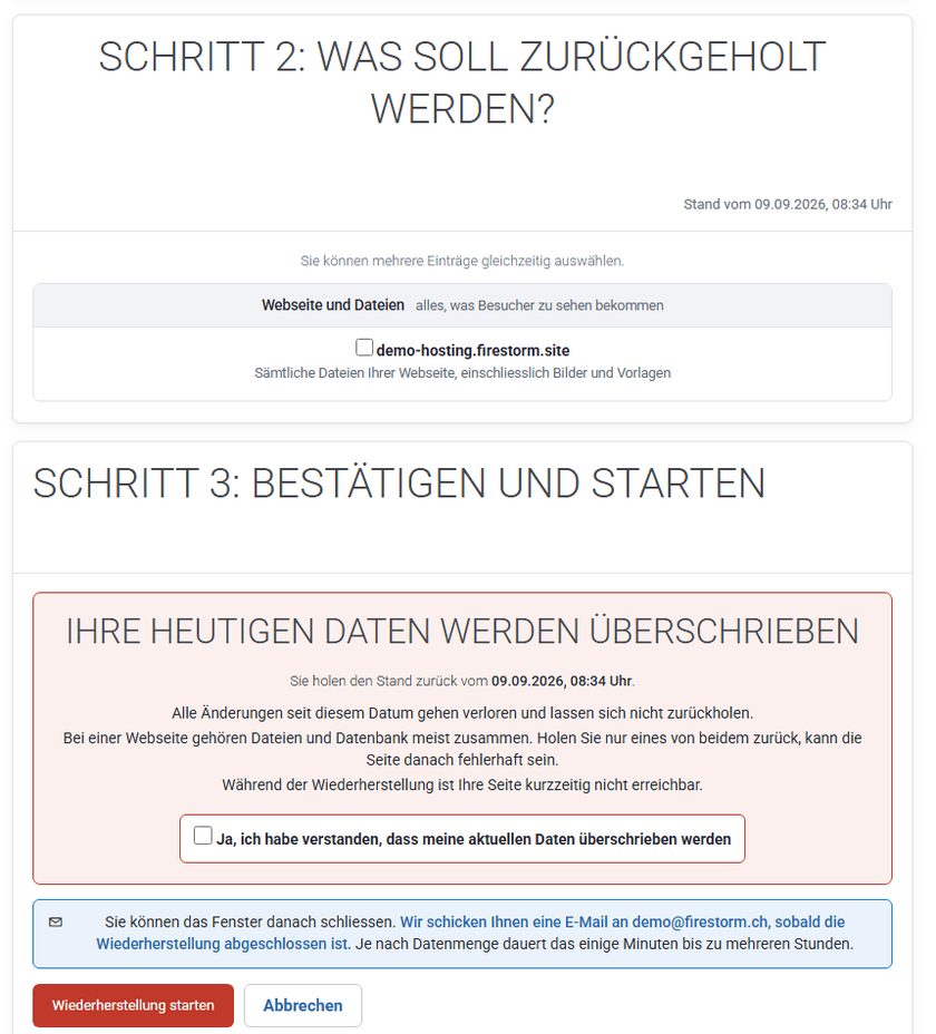 Schritt 2 und 3: Inhalte wählen, Warnhinweis bestätigen und Wiederherstellung starten