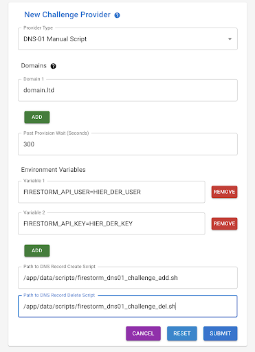 Neuen Challenge Provider vom Typ DNS-01 Manual Script anlegen