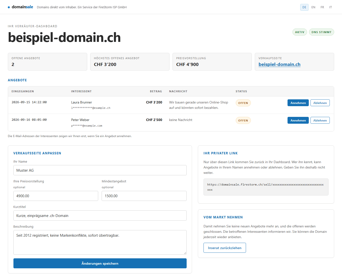 Dashboard venditore con offerte in attesa