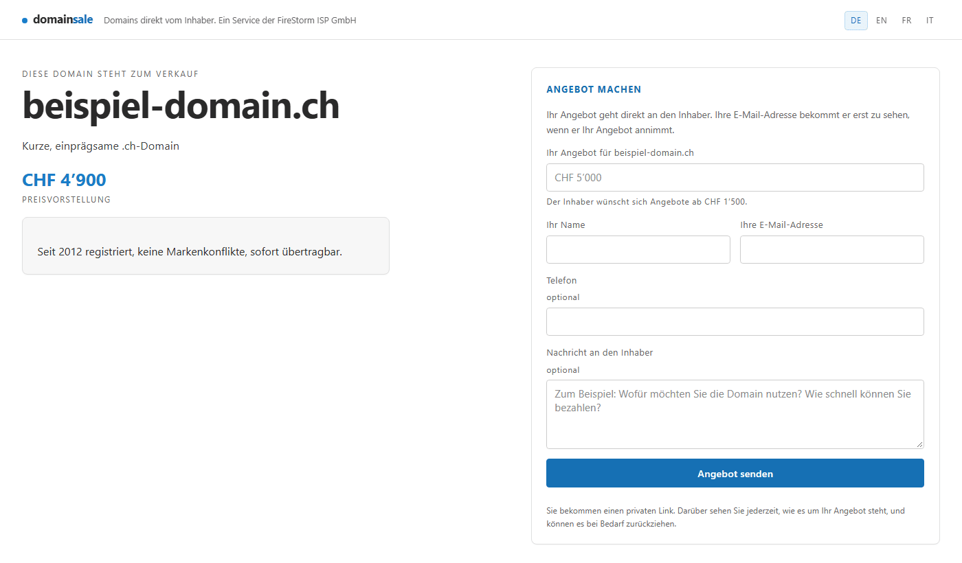 Pagina di vendita di un dominio come la vedono gli interessati
