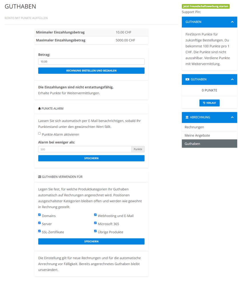 Guthaben-Seite im Kundenportal mit dem Panel Guthaben verwenden für