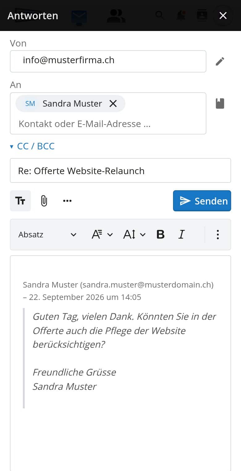 Antwortfenster in OfficeMail auf dem Handy