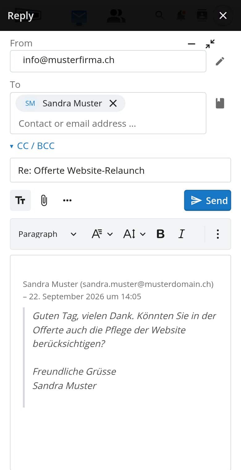 Reply window in OfficeMail on a phone