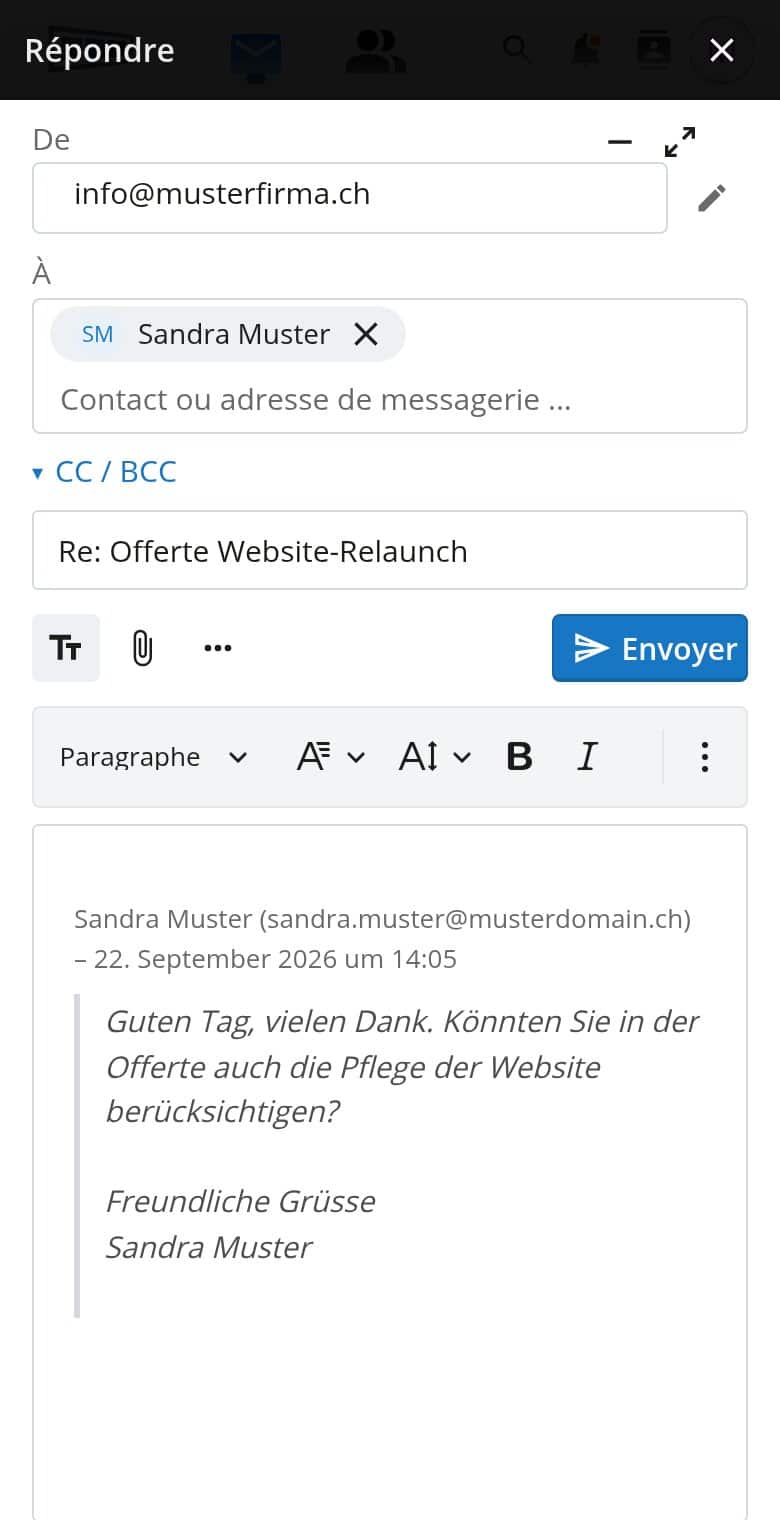 Fenêtre de réponse d'OfficeMail sur un téléphone