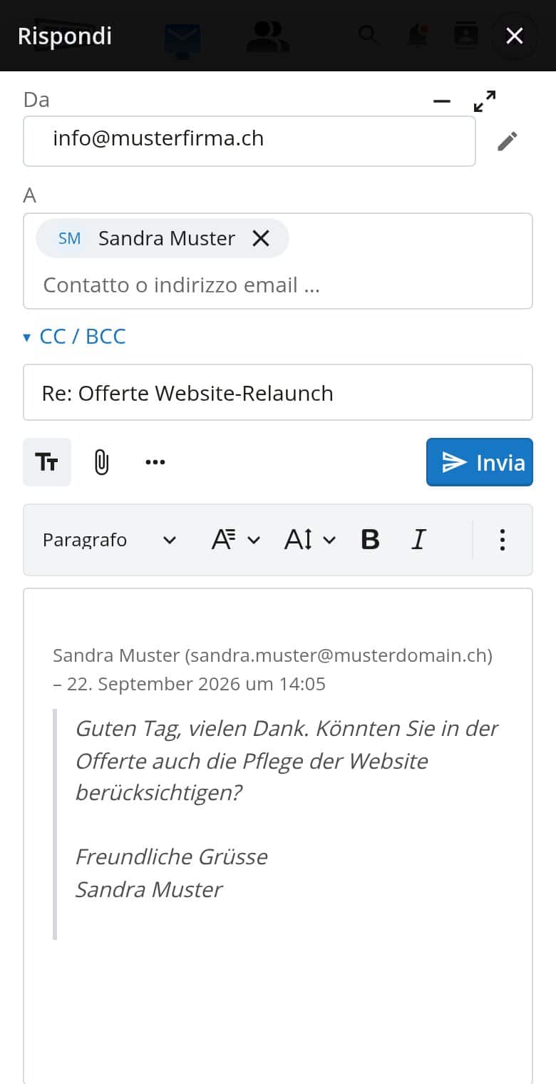 Finestra di risposta di OfficeMail sul telefono
