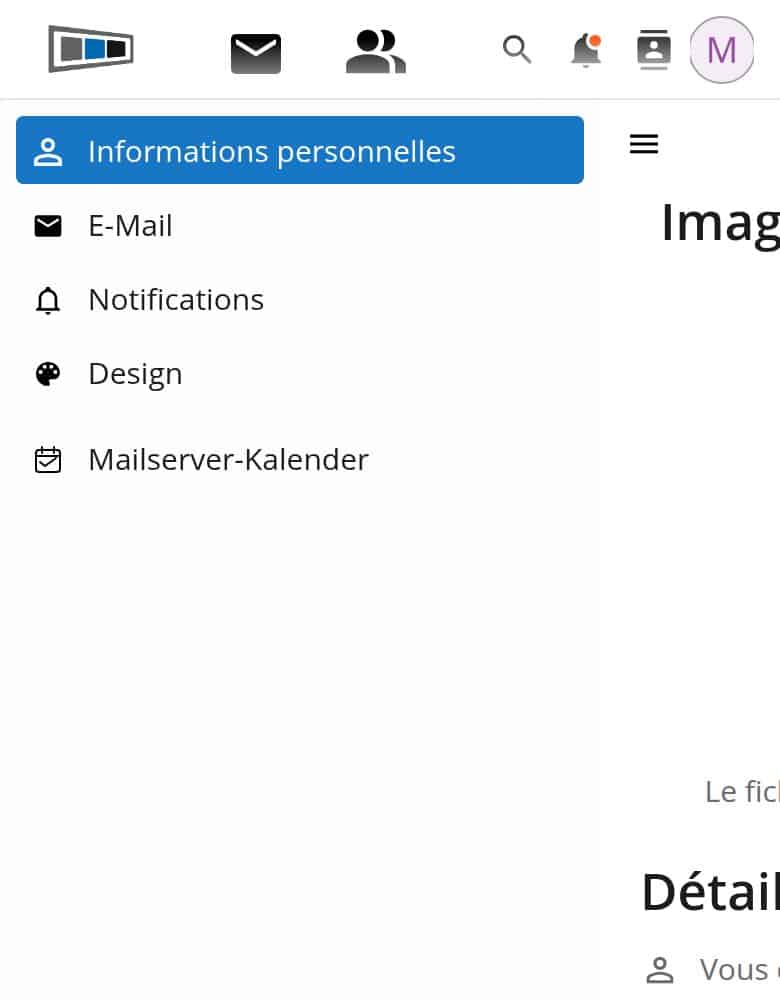 Menu des paramètres avec l'entrée E-Mail