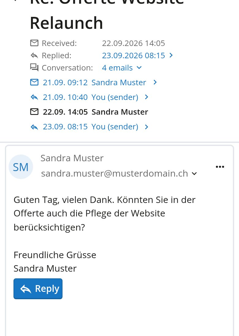 Open email in OfficeMail with Received, Replied and expanded conversation