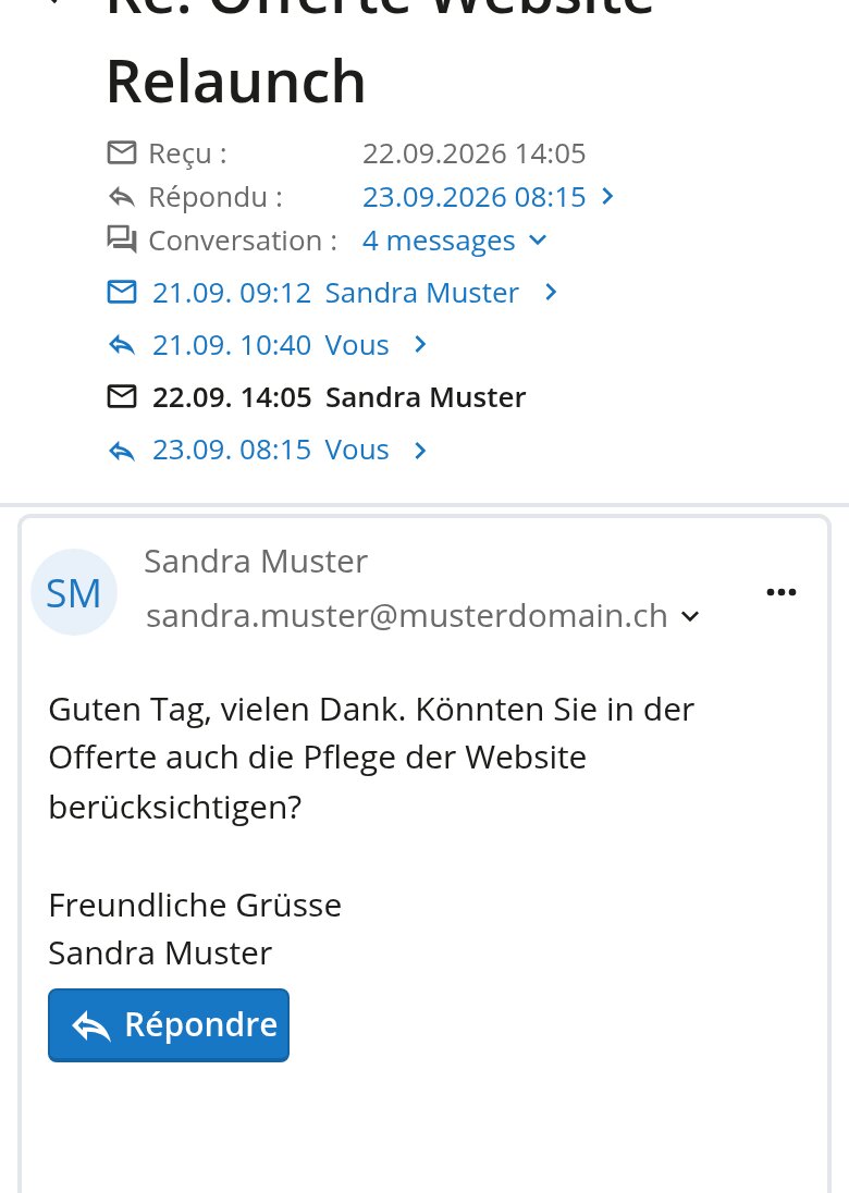 E-mail ouvert dans OfficeMail avec Reçu, Répondu et conversation dépliée