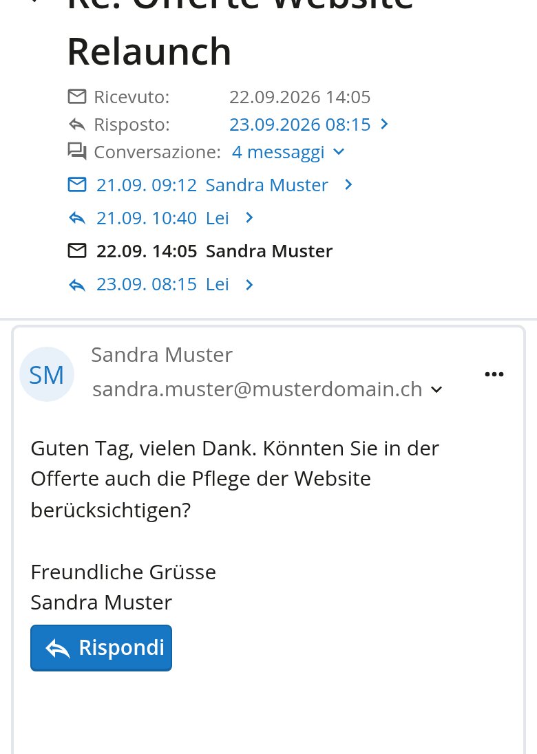 E-mail aperta in OfficeMail con Ricevuto, Risposto e conversazione espansa