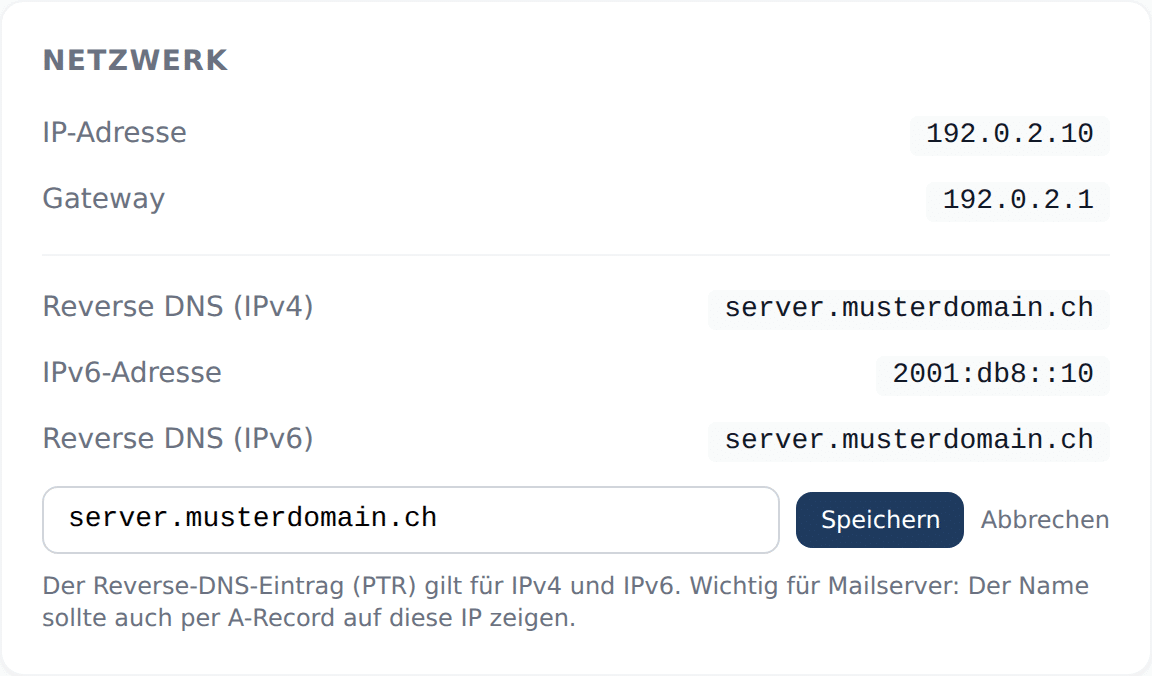 Karte Netzwerk im vServerPanel mit Reverse DNS für IPv4 und IPv6