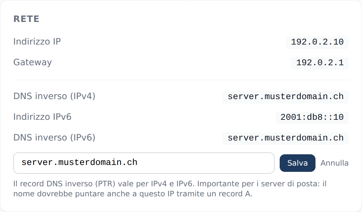 Scheda Rete nel vServerPanel con DNS inverso per IPv4 e IPv6