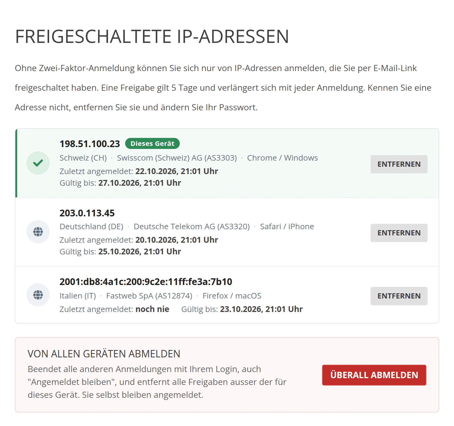 Übersicht der freigeschalteten IP-Adressen mit Knopf Überall abmelden