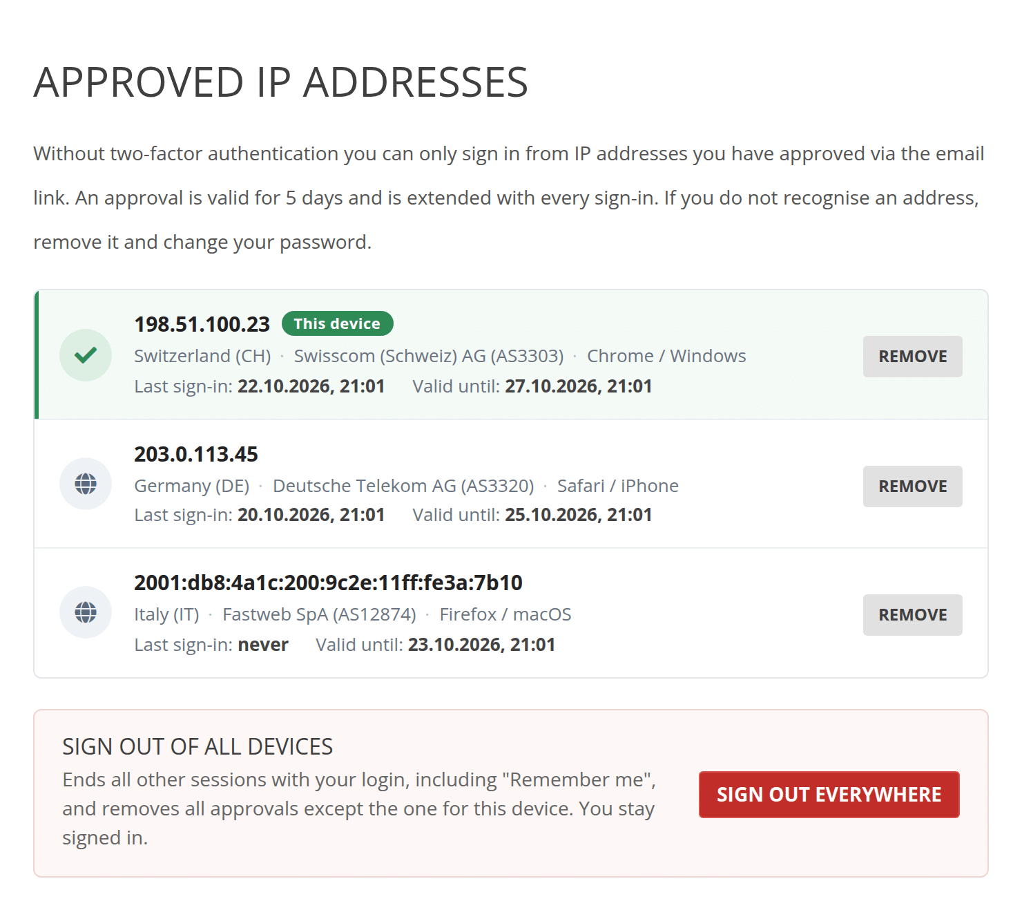 Overview of approved IP addresses with the Sign out everywhere button