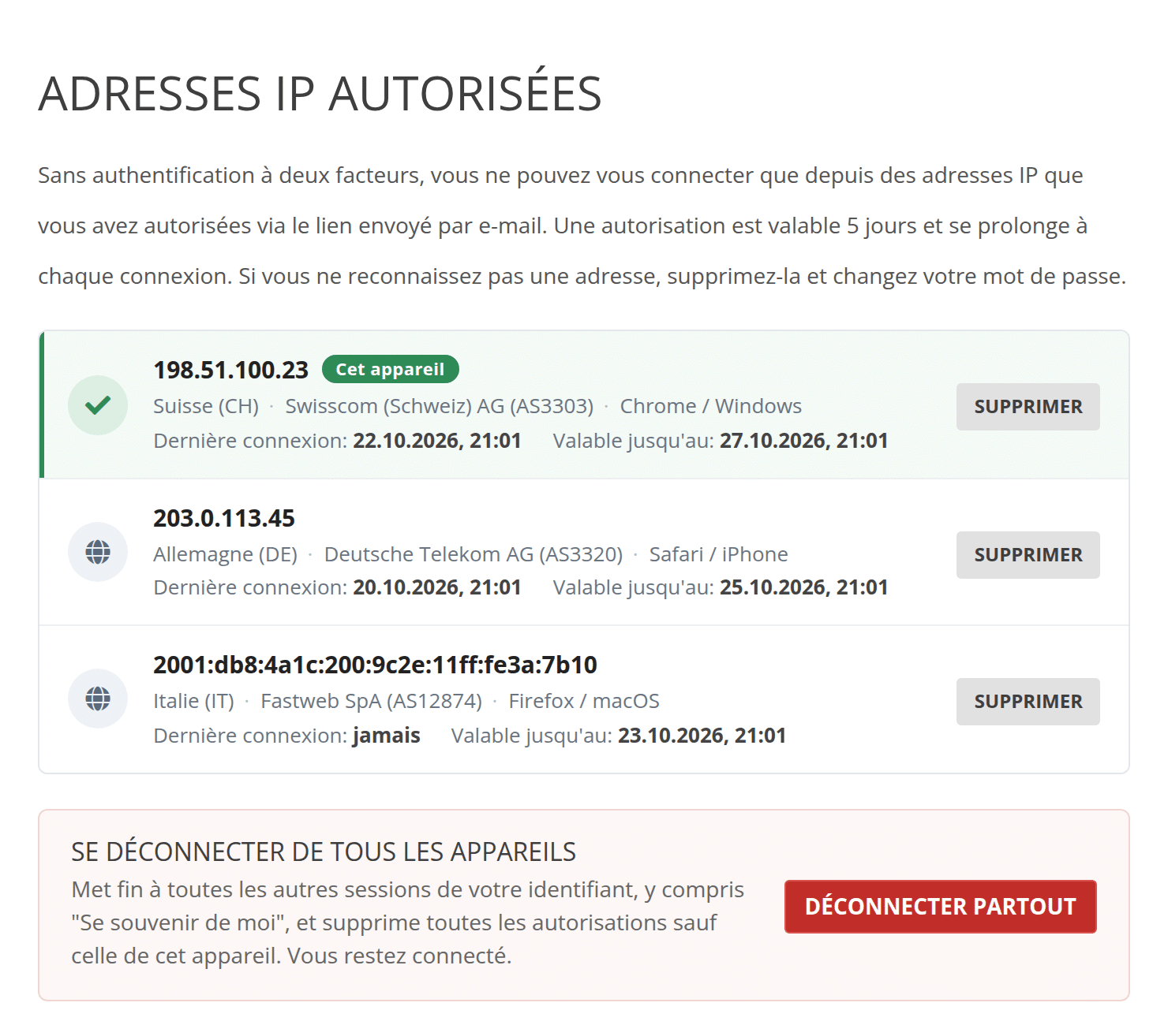 Aperçu des adresses IP autorisées avec le bouton Déconnecter partout