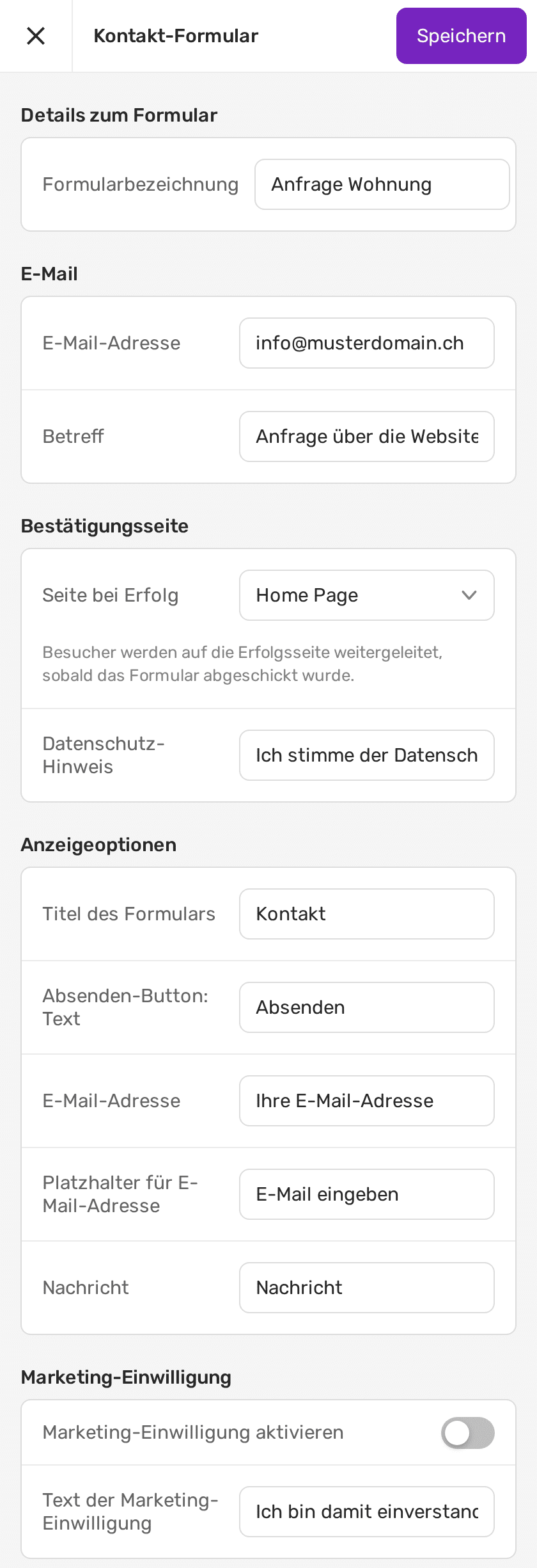Paramètres d'un formulaire SiteDesigner avec tous les champs remplis