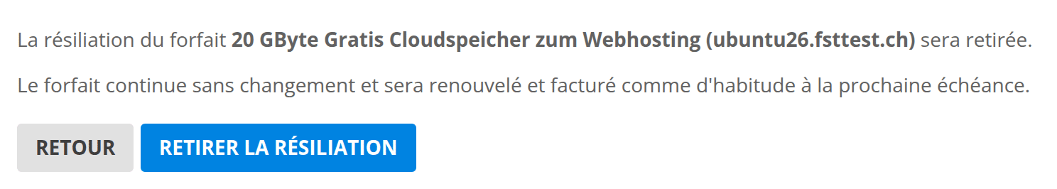 Page de confirmation du retrait d’une résiliation