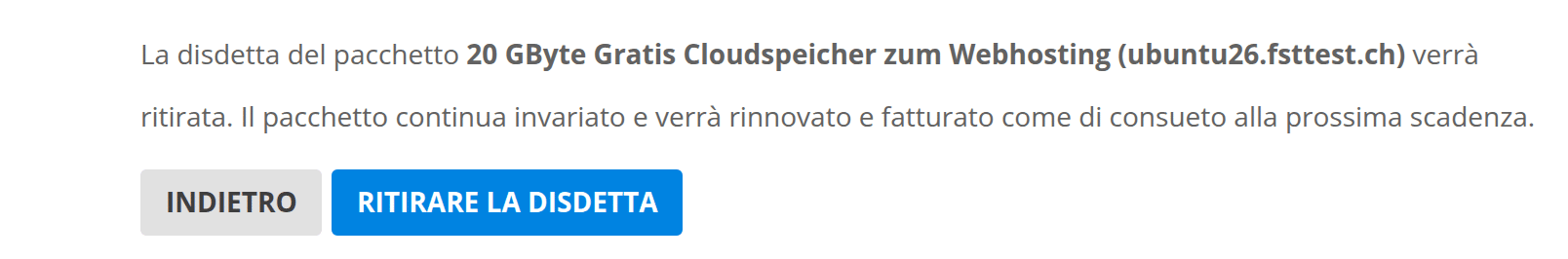 Pagina di conferma del ritiro di una disdetta