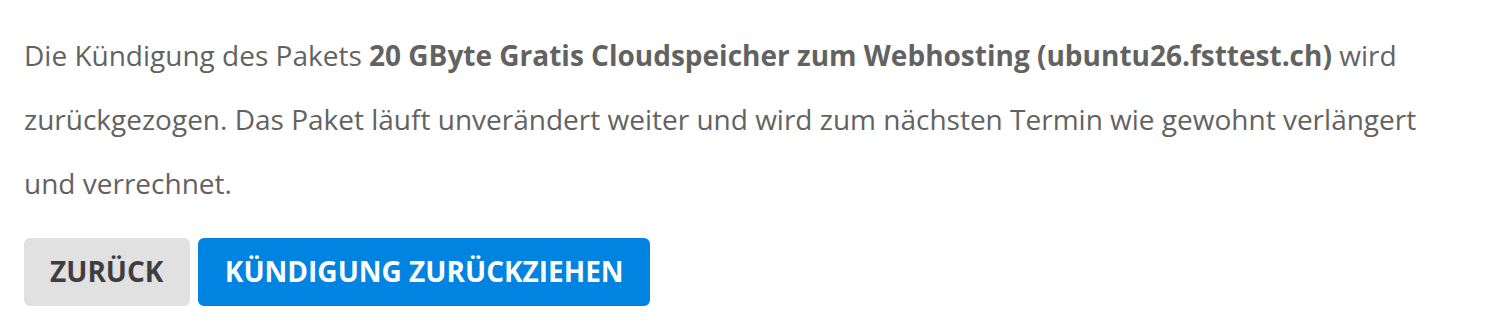 Seite zum Bestätigen der Rücknahme einer Kündigung