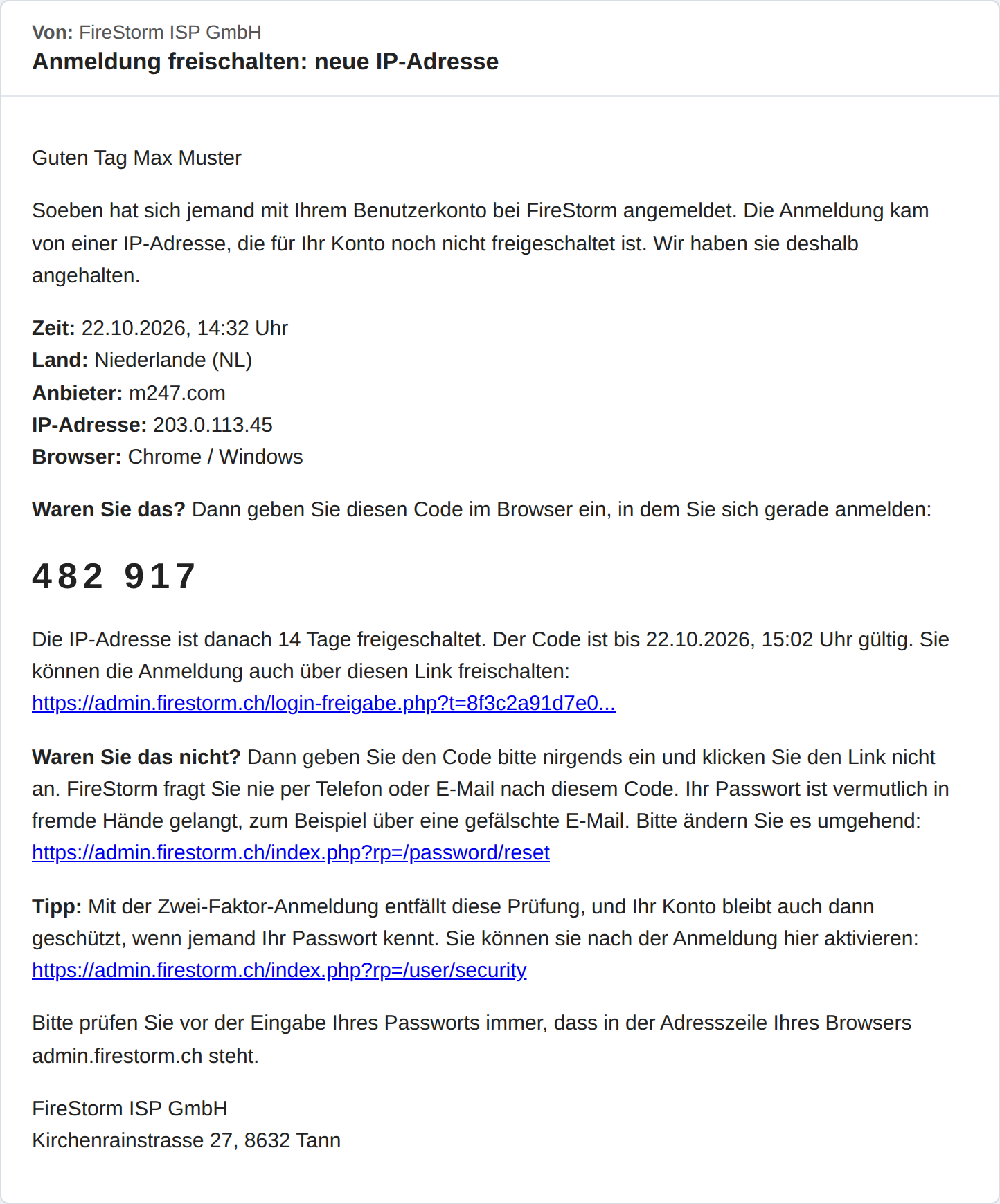 E-Mail Anmeldung freischalten mit Zeit, Land, Anbieter und Code