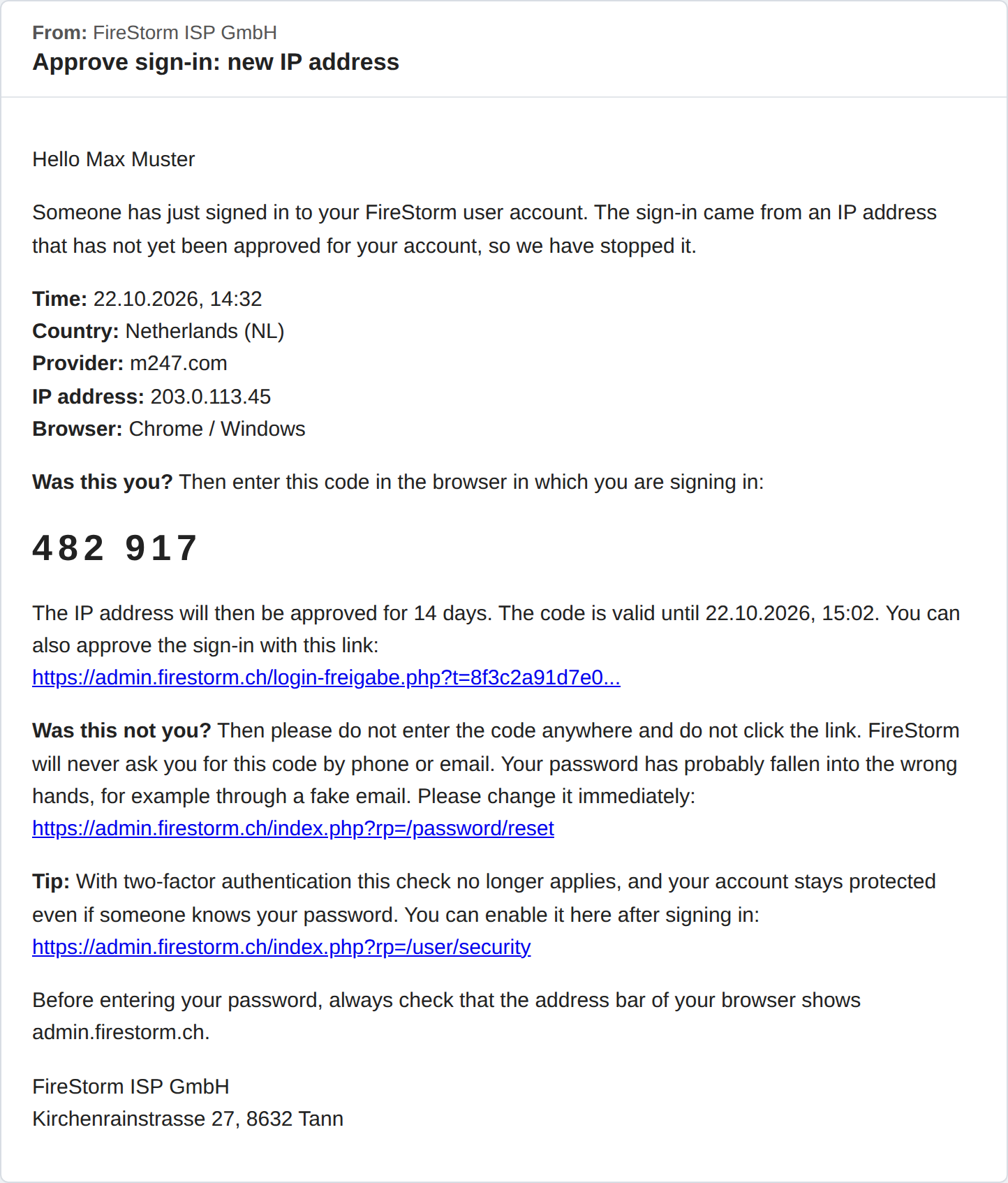 Email Approve sign-in with time, country, provider and code