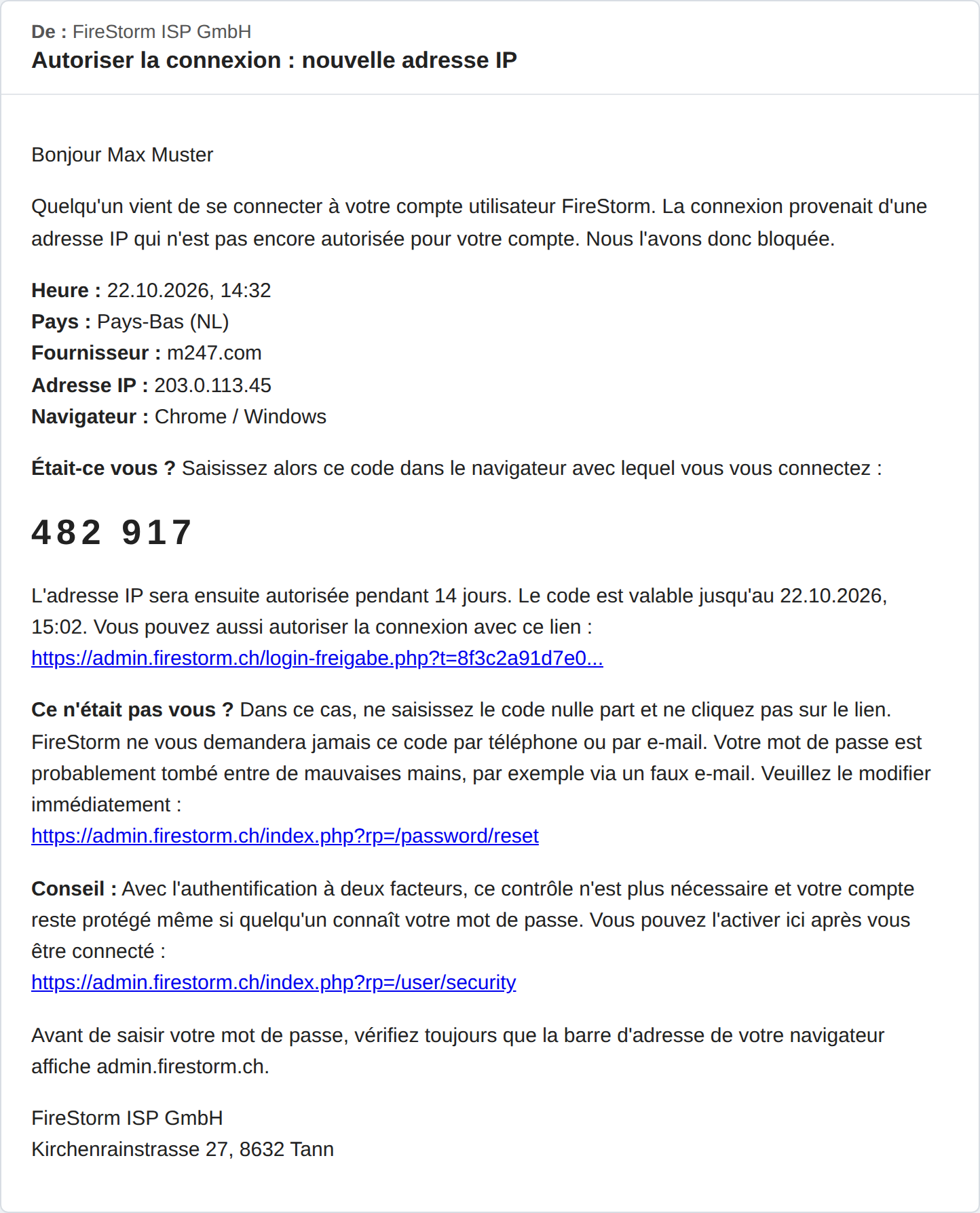 E-mail Autoriser la connexion avec heure, pays, fournisseur et code