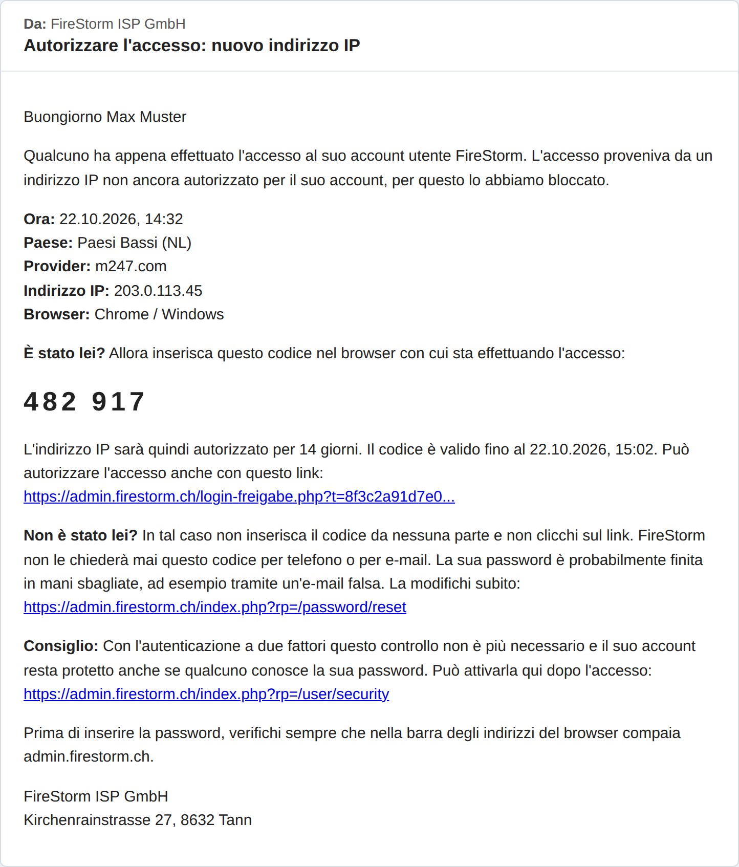 E-mail Autorizzare l'accesso con ora, paese, provider e codice