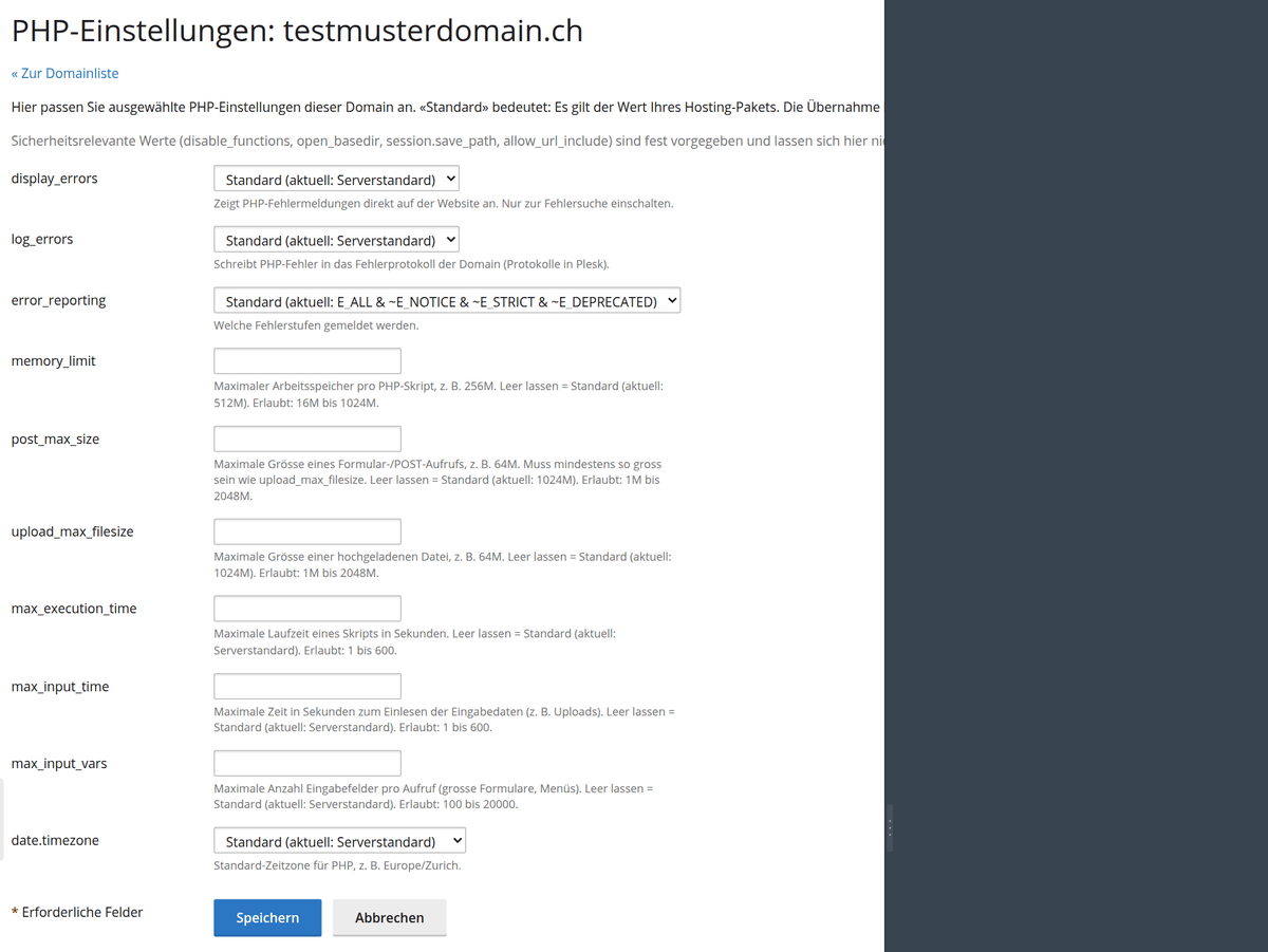Formular PHP-Einstellungen einer Domain