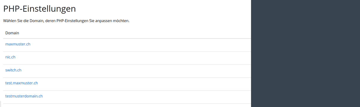 Domainliste der PHP-Einstellungen