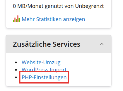 Seitenleiste in der Hosting-Verwaltung mit dem Eintrag PHP-Einstellungen