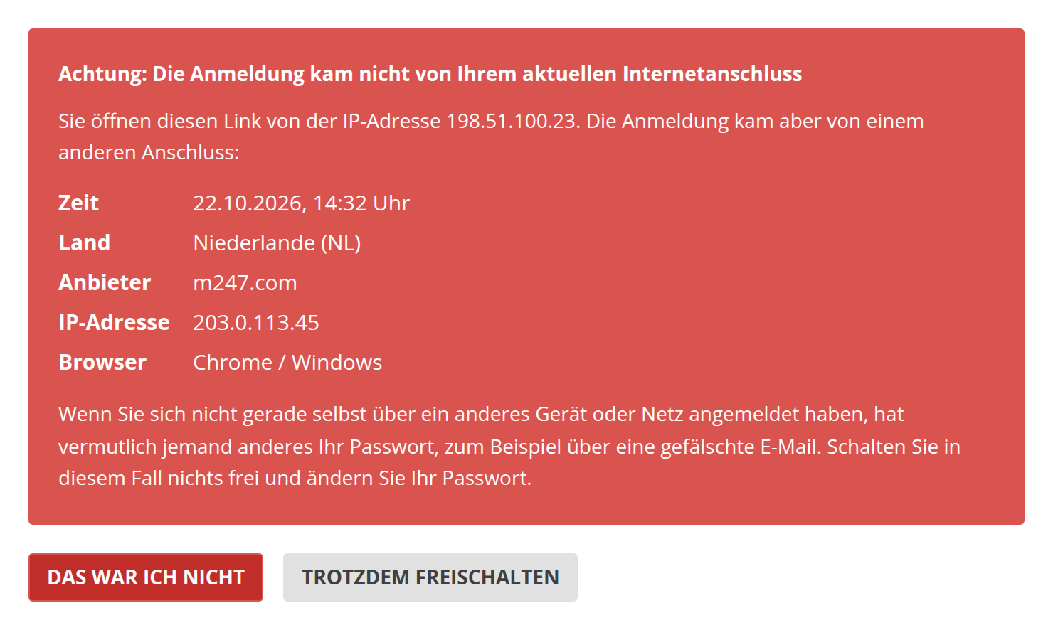 Warnseite bei Klick von einem anderen Internetanschluss