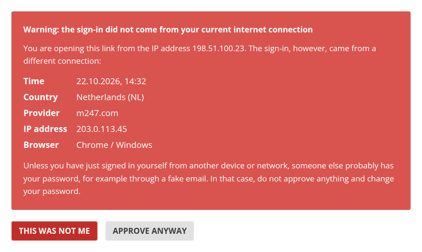 Warning page when the link is opened from another internet connection