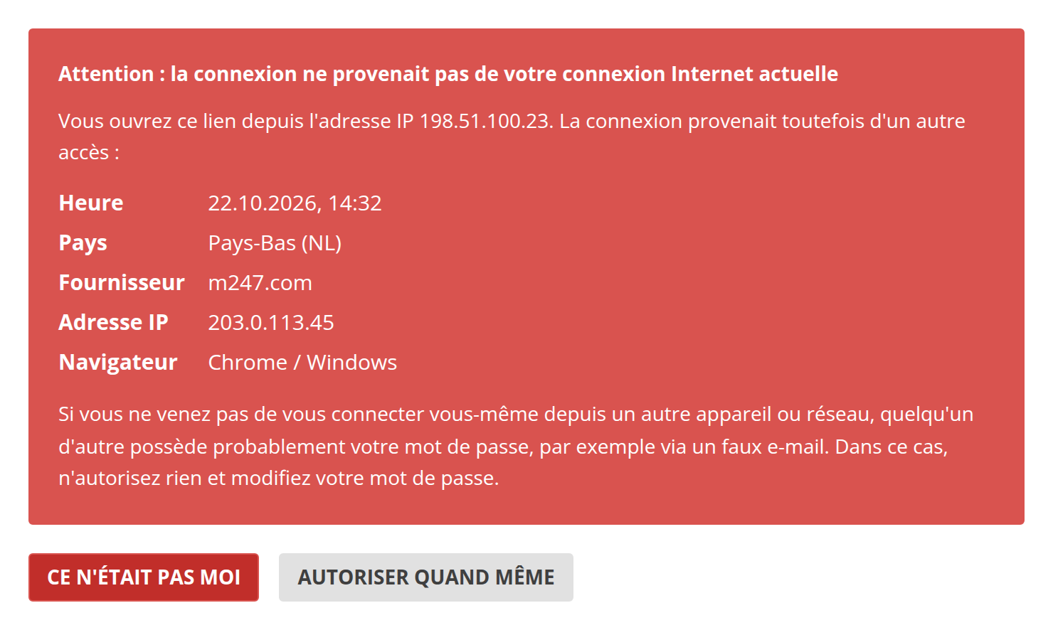 Page d'avertissement si le lien est ouvert depuis une autre connexion
