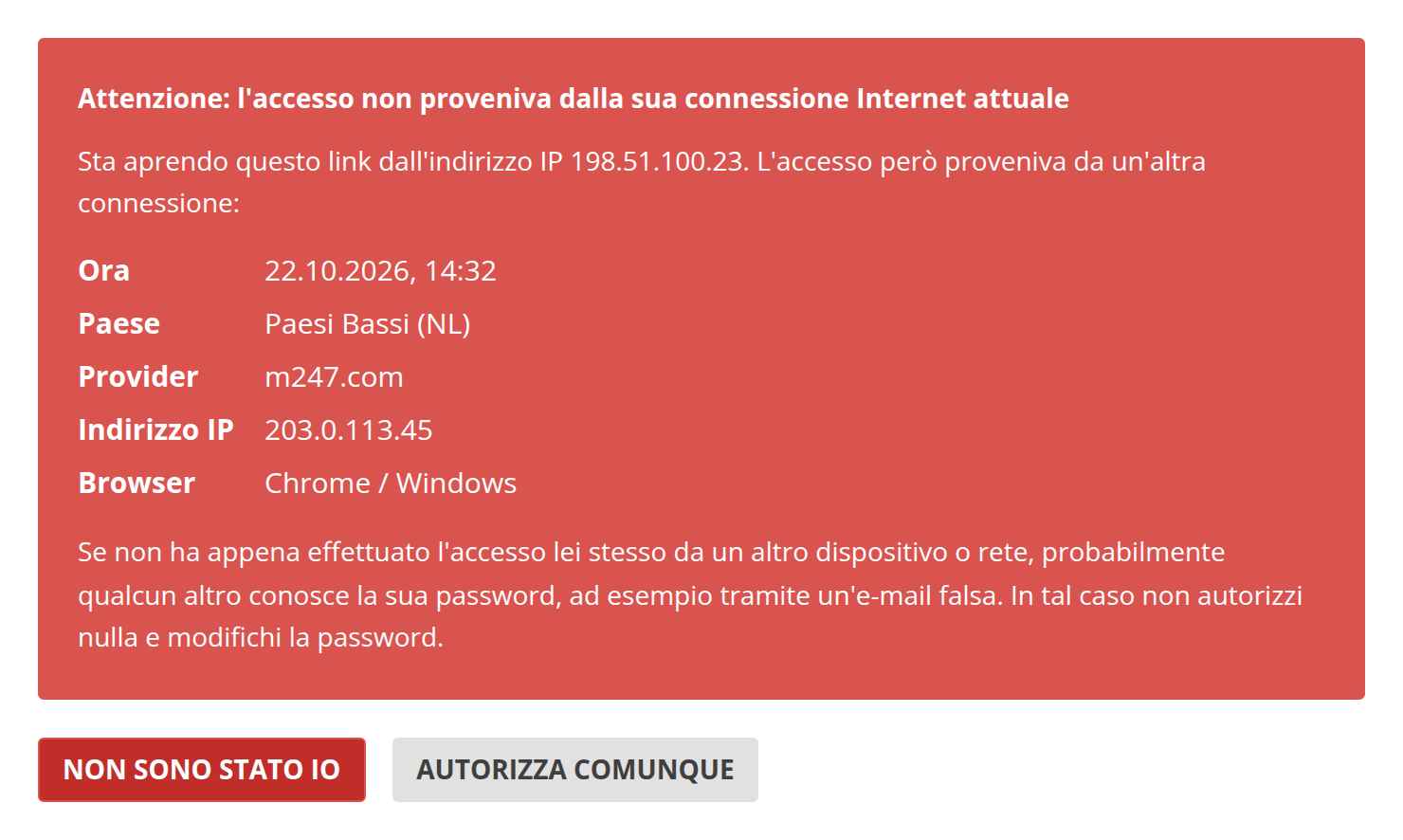Pagina di avviso se il link viene aperto da un'altra connessione