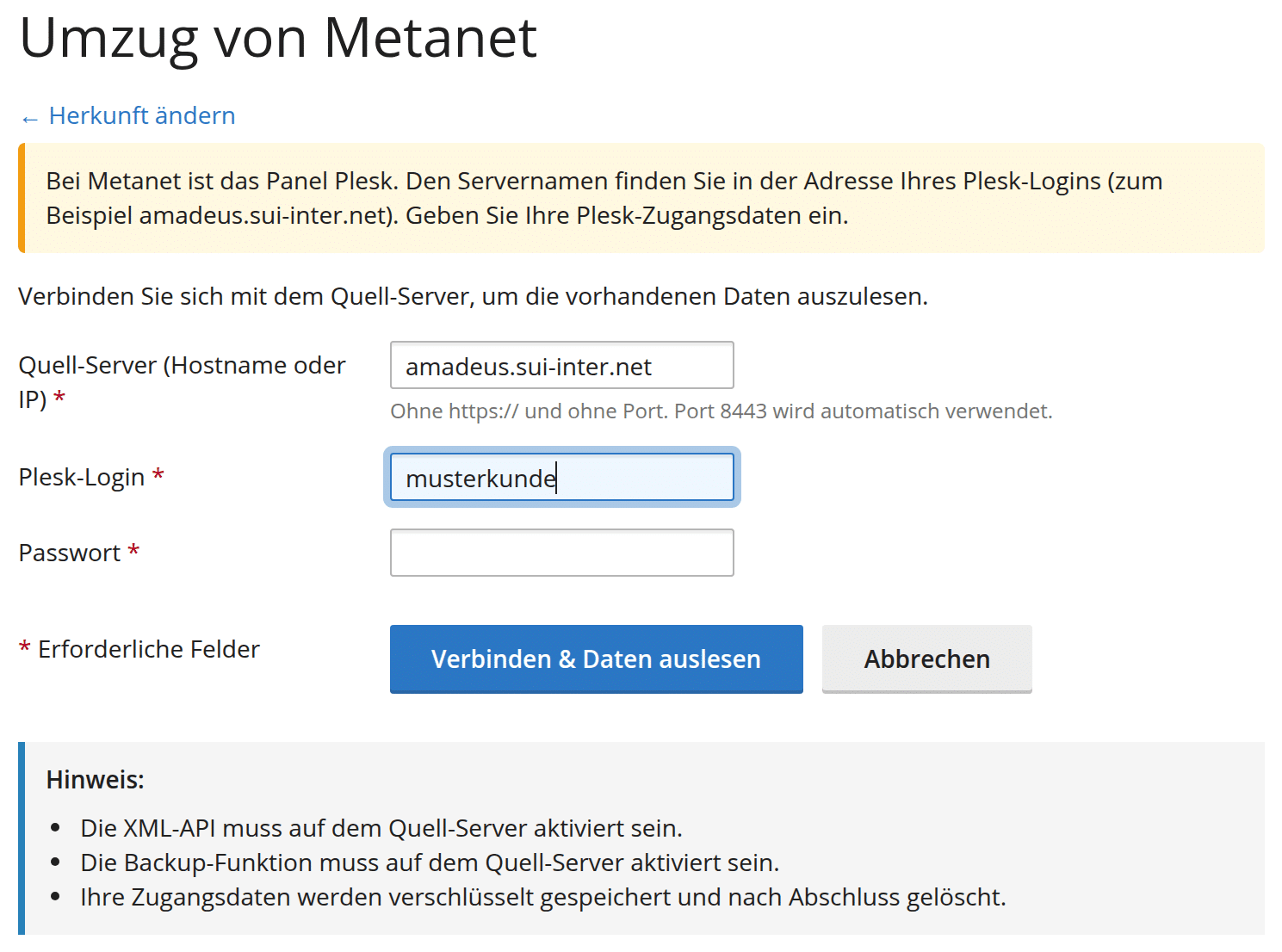 Umzug von Metanet mit Servername und Plesk-Zugangsdaten