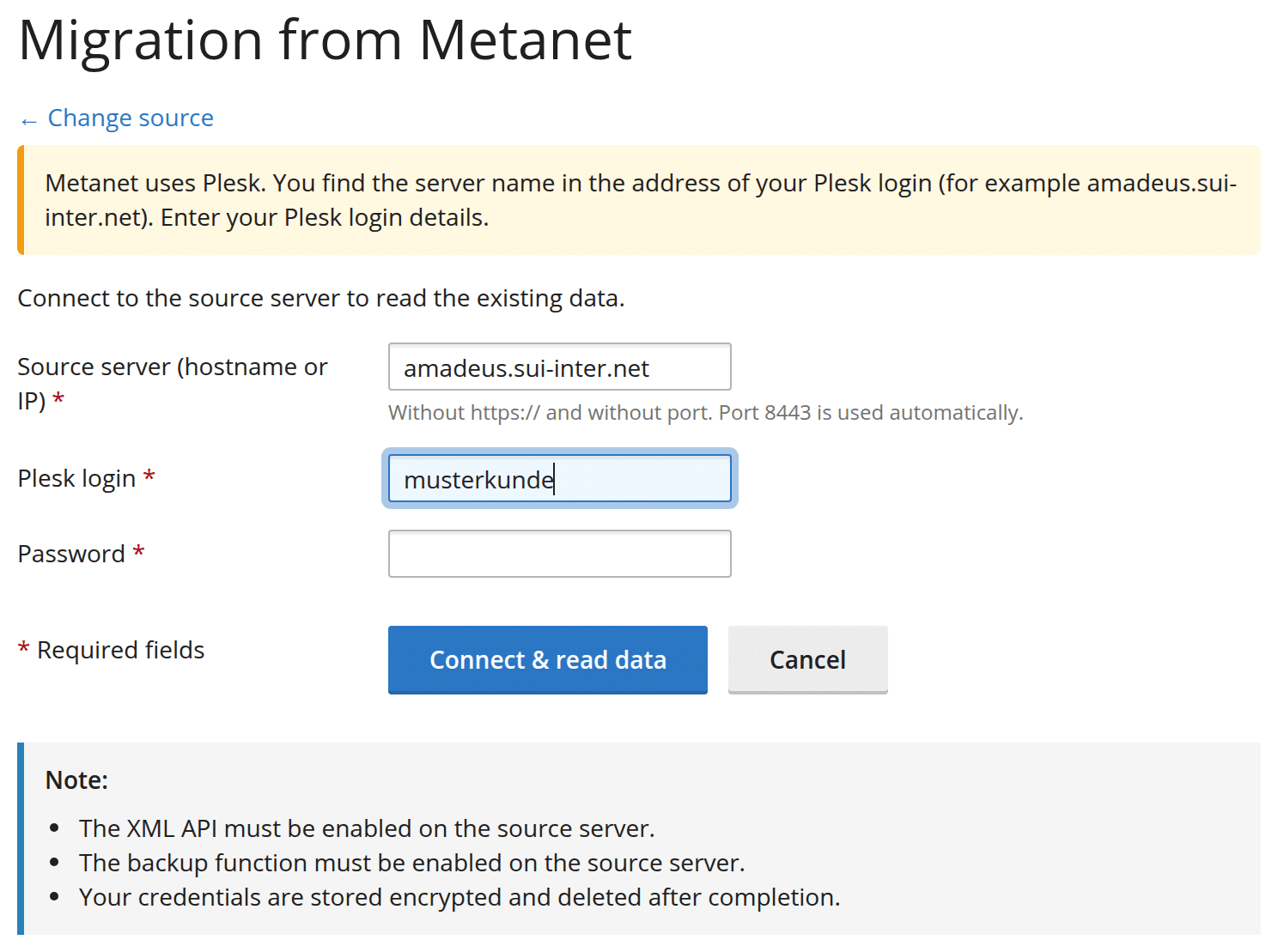 Migration from Metanet with server name and Plesk login